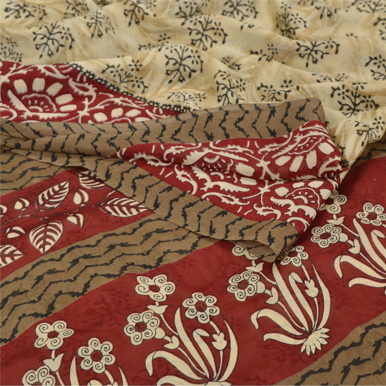 Sanskriti Vintage Indian Sari Cream Printed Georgette Sarees Craft 5 Yd Fabric, PRG-6996-Cream-Printed Floral Design-Georgette-2