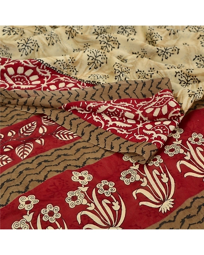 Sanskriti Vintage Indian Sari Cream Printed Georgette Sarees Craft 5 Yd Fabric, PRG-6996-Cream-Printed Floral Design-Georgette-2