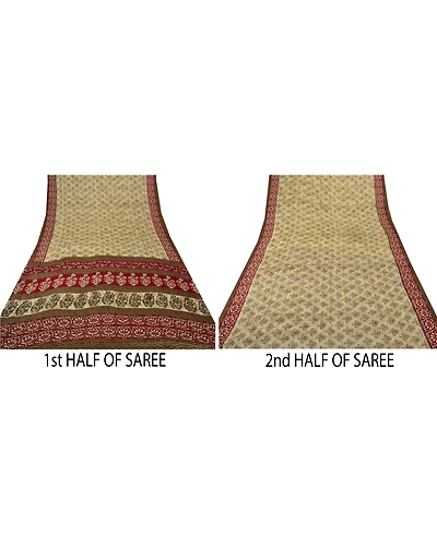 Sanskriti Vintage Indian Sari Cream Printed Georgette Sarees Craft 5 Yd Fabric, PRG-6996-Cream-Printed Floral Design-Georgette-3