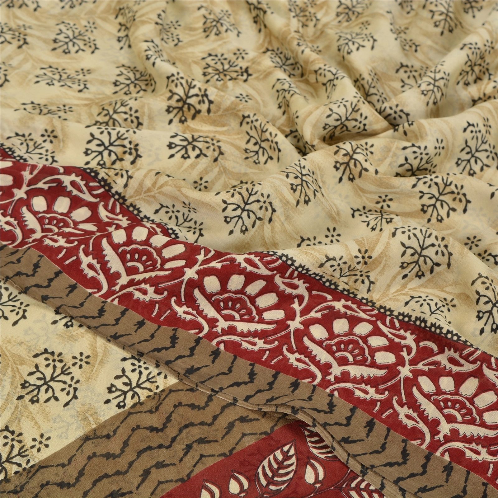 Sanskriti Vintage Indian Sari Cream Printed Georgette Sarees Craft 5 Yd Fabric, PRG-6996-Cream-Printed Floral Design-Georgette-4