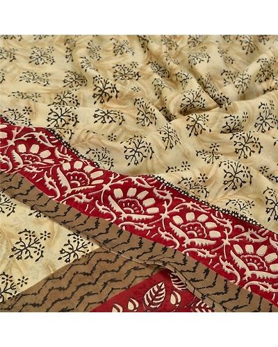 Sanskriti Vintage Indian Sari Cream Printed Georgette Sarees Craft 5 Yd Fabric, PRG-6996-Cream-Printed Floral Design-Georgette-4