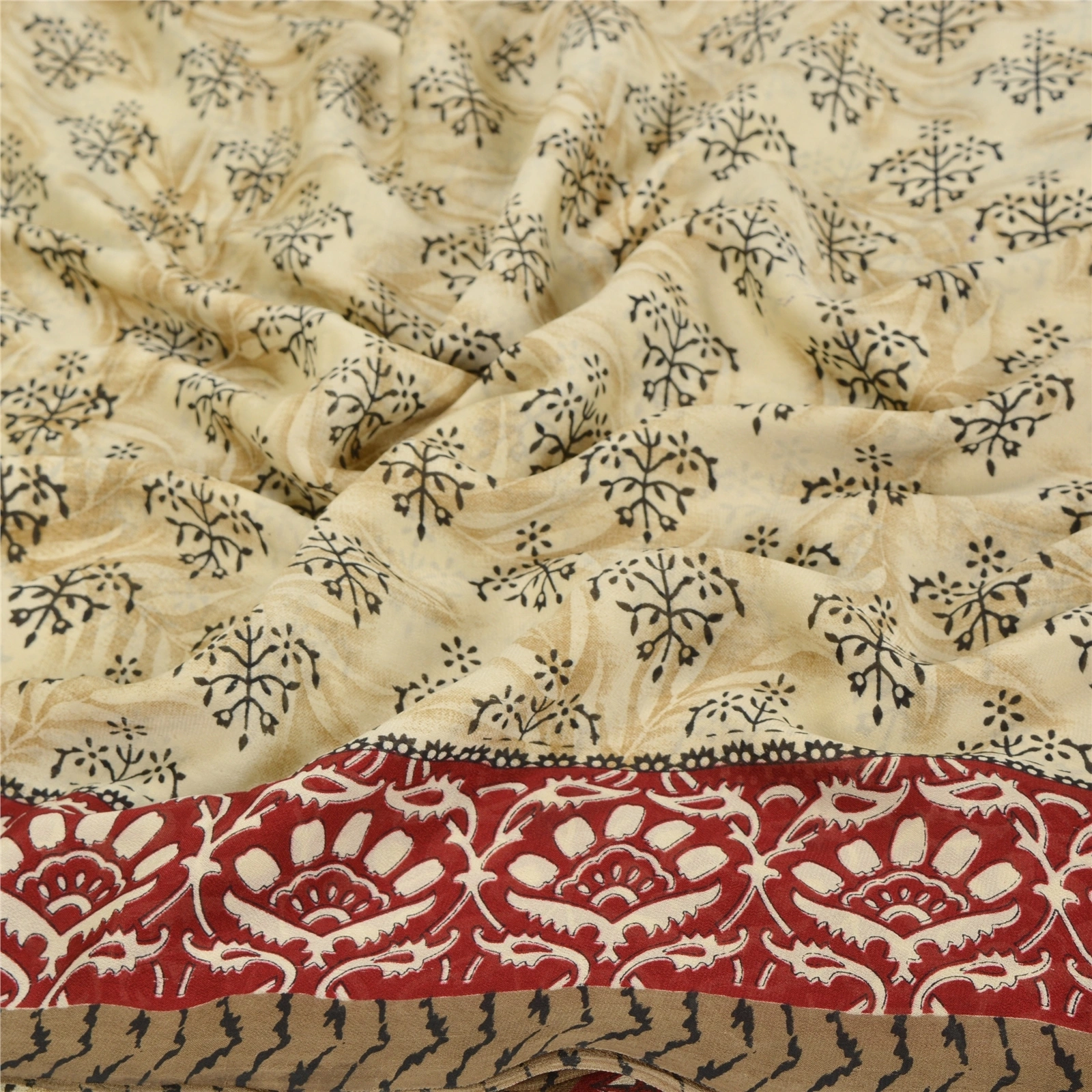 Sanskriti Vintage Indian Sari Cream Printed Georgette Sarees Craft 5 Yd Fabric, PRG-6996-Cream-Printed Floral Design-Georgette-5