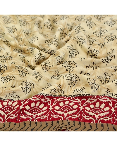 Sanskriti Vintage Indian Sari Cream Printed Georgette Sarees Craft 5 Yd Fabric, PRG-6996-Cream-Printed Floral Design-Georgette-5