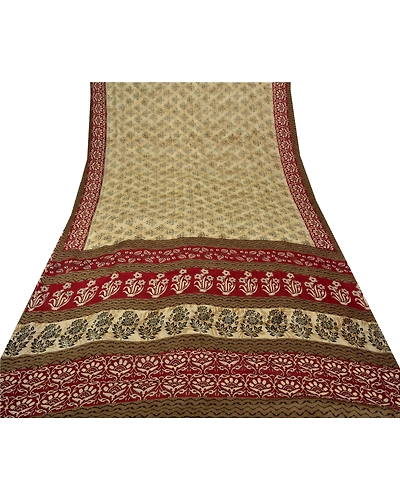 Sanskriti Vintage Indian Sari Cream Printed Georgette Sarees Craft 5 Yd Fabric, PRG-6996-Cream-Printed Floral Design-Georgette-7