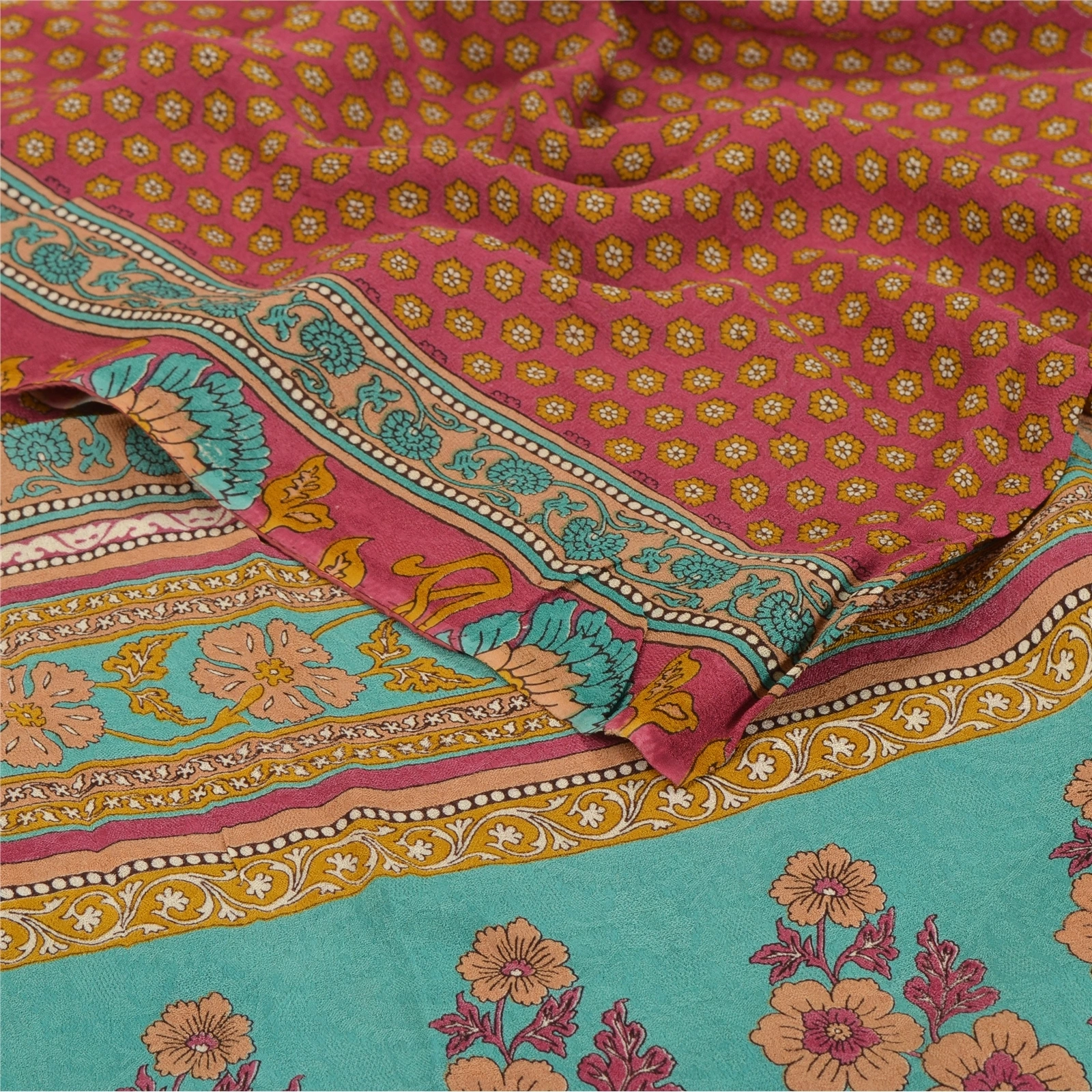 Sanskriti Vintage Pink Indian Sari Printed Blend Georgette Sarees Craft Fabric, PRG-7005-Pink-Printed Floral Design-Blend Georgette-1