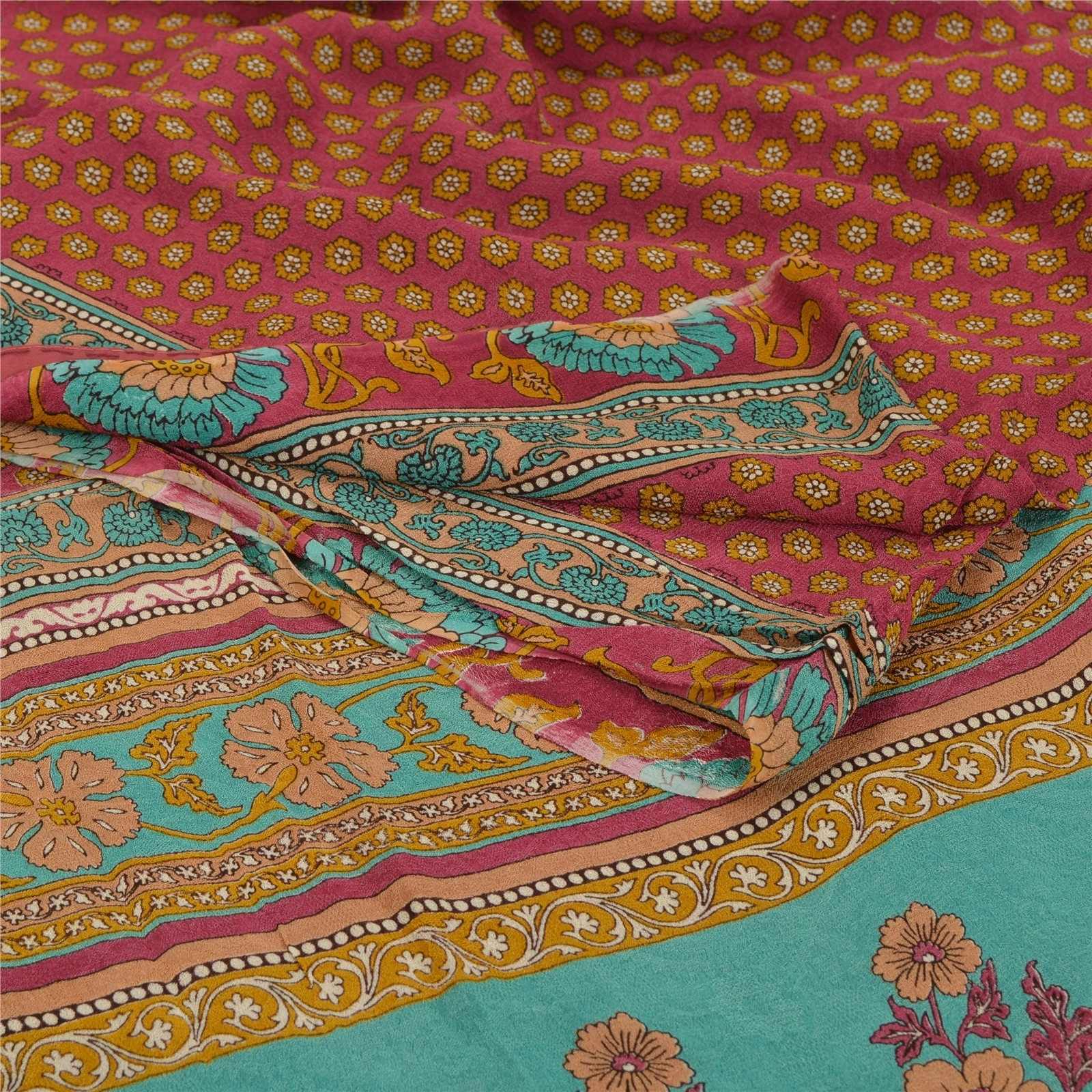 Sanskriti Vintage Pink Indian Sari Printed Blend Georgette Sarees Craft Fabric, PRG-7005-Pink-Printed Floral Design-Blend Georgette-2