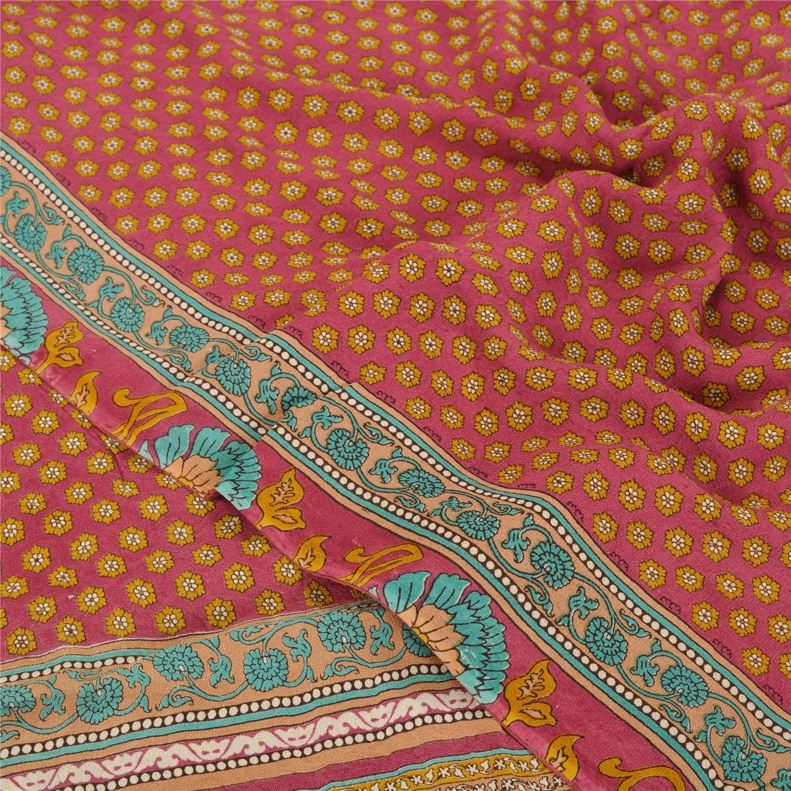 Sanskriti Vintage Pink Indian Sari Printed Blend Georgette Sarees Craft Fabric, PRG-7005-Pink-Printed Floral Design-Blend Georgette-4