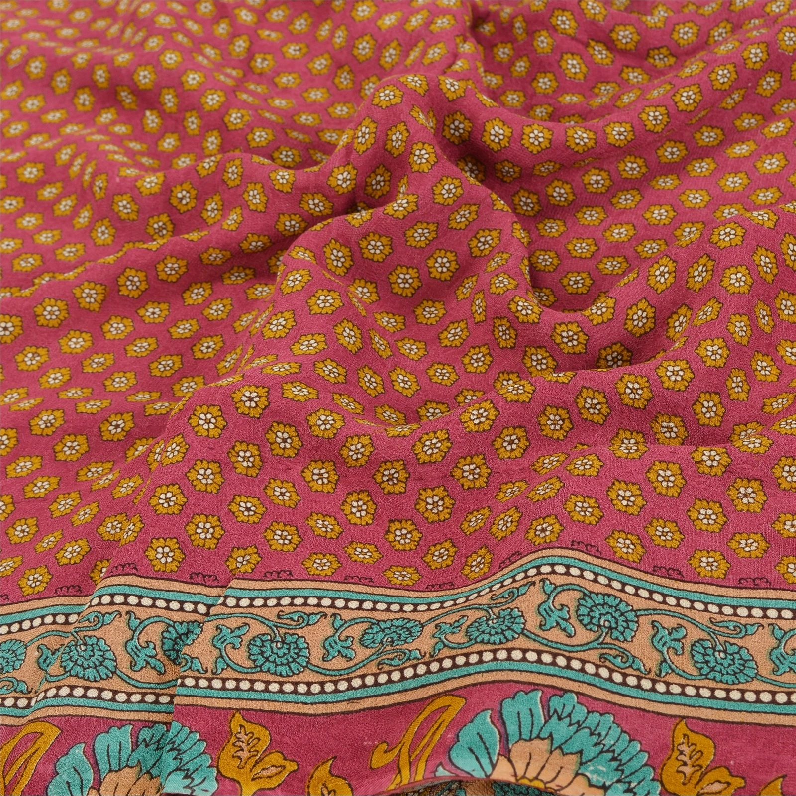 Sanskriti Vintage Pink Indian Sari Printed Blend Georgette Sarees Craft Fabric, PRG-7005-Pink-Printed Floral Design-Blend Georgette-5