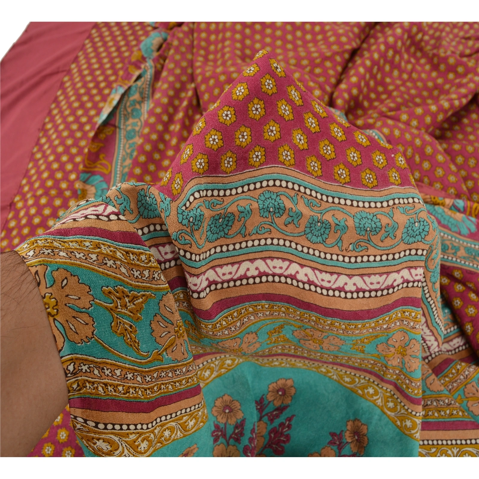 Sanskriti Vintage Pink Indian Sari Printed Blend Georgette Sarees Craft Fabric, PRG-7005-Pink-Printed Floral Design-Blend Georgette-8