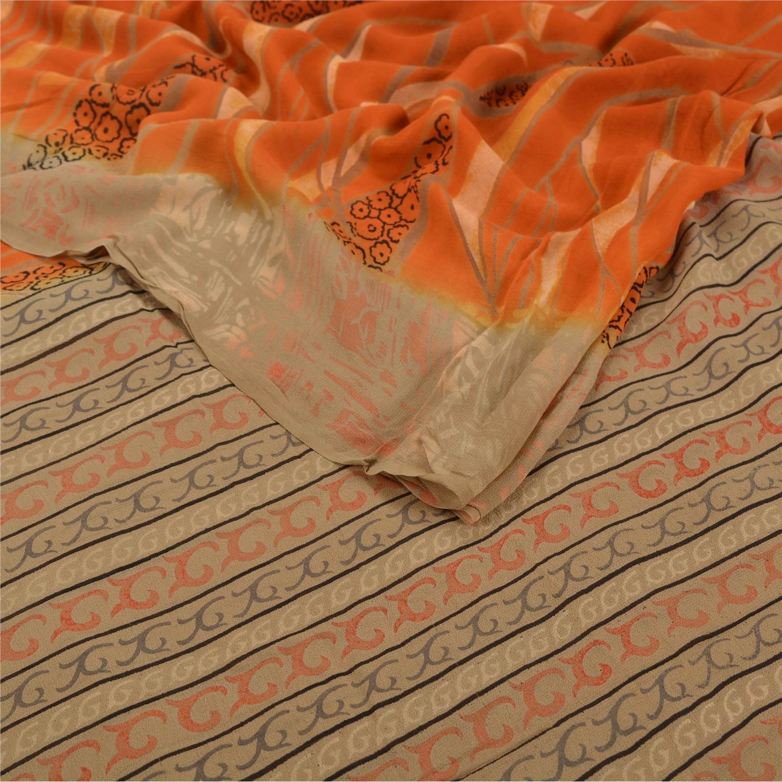 Sanskriti Vintage Orange Sarees Pure Georgette Silk Printed Sari Craft Fabric, PRG-7045-Orange-Printed Floral Design-Pure Georgette Silk-1