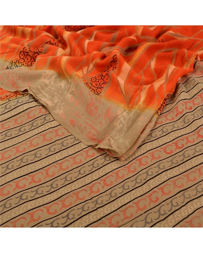 Sanskriti Vintage Orange Sarees Pure Georgette Silk Printed Sari Craft Fabric, PRG-7045-Orange-Printed Floral Design-Pure Georgette Silk-1