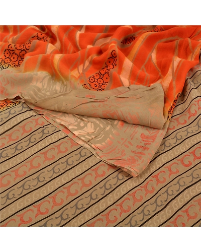 Sanskriti Vintage Orange Sarees Pure Georgette Silk Printed Sari Craft Fabric, PRG-7045-Orange-Printed Floral Design-Pure Georgette Silk-2
