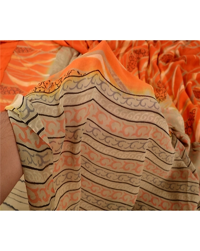 Sanskriti Vintage Orange Sarees Pure Georgette Silk Printed Sari Craft Fabric, PRG-7045-Orange-Printed Floral Design-Pure Georgette Silk-3