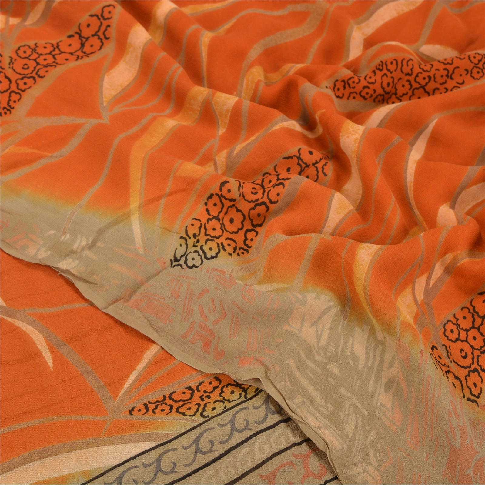 Sanskriti Vintage Orange Sarees Pure Georgette Silk Printed Sari Craft Fabric, PRG-7045-Orange-Printed Floral Design-Pure Georgette Silk-5