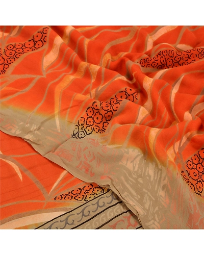 Sanskriti Vintage Orange Sarees Pure Georgette Silk Printed Sari Craft Fabric, PRG-7045-Orange-Printed Floral Design-Pure Georgette Silk-5