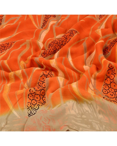 Sanskriti Vintage Orange Sarees Pure Georgette Silk Printed Sari Craft Fabric, PRG-7045-Orange-Printed Floral Design-Pure Georgette Silk-6