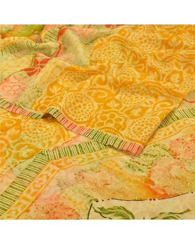 Sanskriti Vintage Indian Sari Yellow Printed Blend Georgette Sarees Craft Fabric, PRG-7065-Yellow-Printed Floral Design-Blend Georgette-1