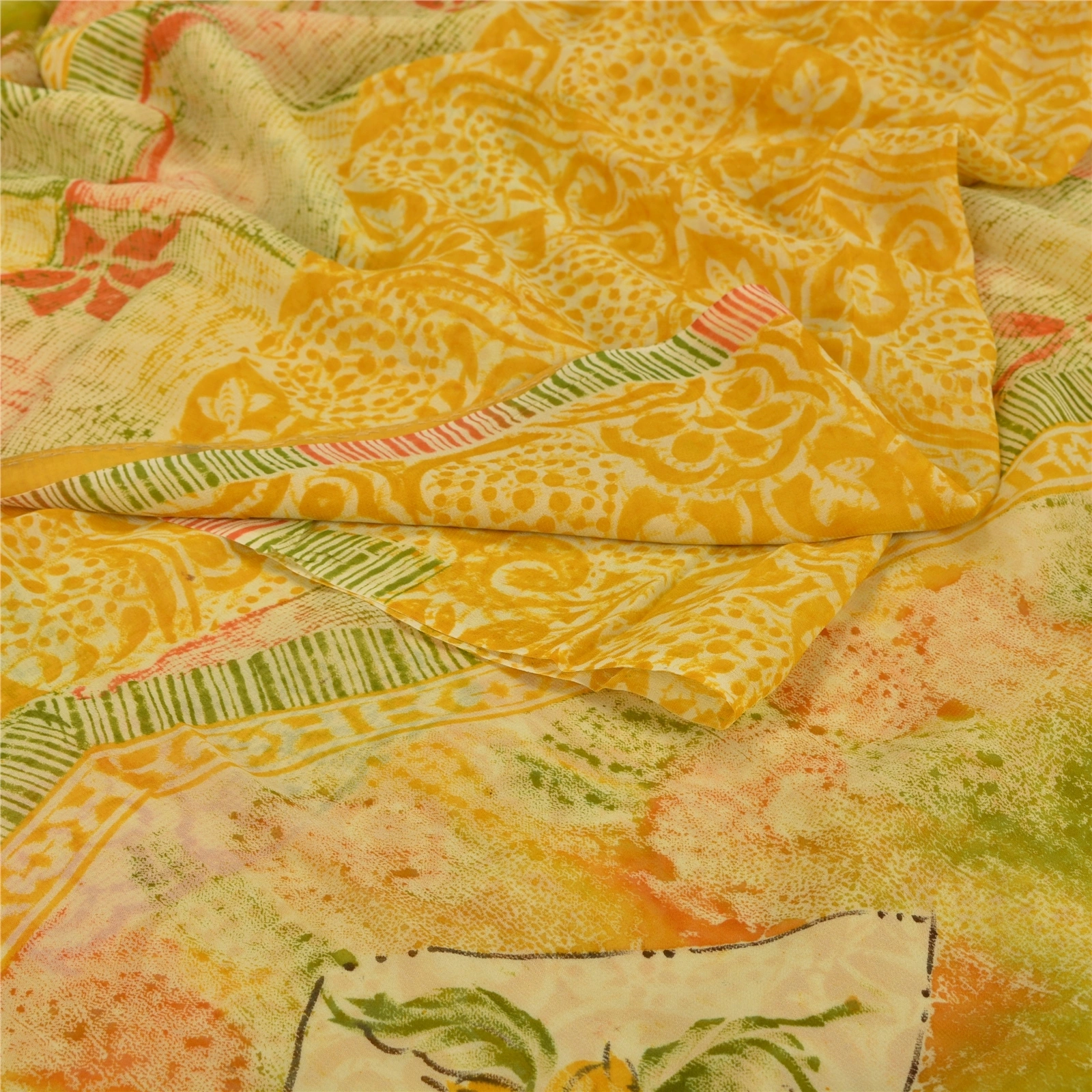 Sanskriti Vintage Indian Sari Yellow Printed Blend Georgette Sarees Craft Fabric, PRG-7065-Yellow-Printed Floral Design-Blend Georgette-2