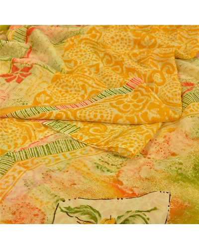 Sanskriti Vintage Indian Sari Yellow Printed Blend Georgette Sarees Craft Fabric, PRG-7065-Yellow-Printed Floral Design-Blend Georgette-2