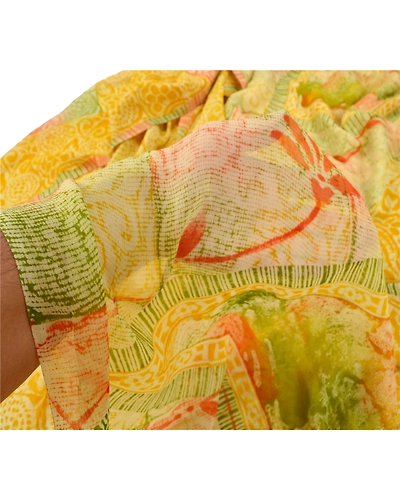 Sanskriti Vintage Indian Sari Yellow Printed Blend Georgette Sarees Craft Fabric, PRG-7065-Yellow-Printed Floral Design-Blend Georgette-3