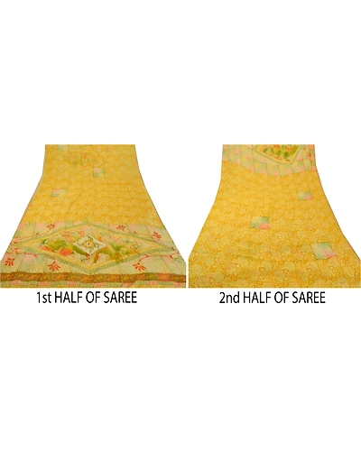 Sanskriti Vintage Indian Sari Yellow Printed Blend Georgette Sarees Craft Fabric, PRG-7065-Yellow-Printed Floral Design-Blend Georgette-4