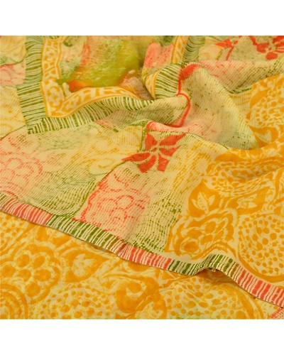 Sanskriti Vintage Indian Sari Yellow Printed Blend Georgette Sarees Craft Fabric, PRG-7065-Yellow-Printed Floral Design-Blend Georgette-5
