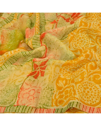 Sanskriti Vintage Indian Sari Yellow Printed Blend Georgette Sarees Craft Fabric, PRG-7065-Yellow-Printed Floral Design-Blend Georgette-6
