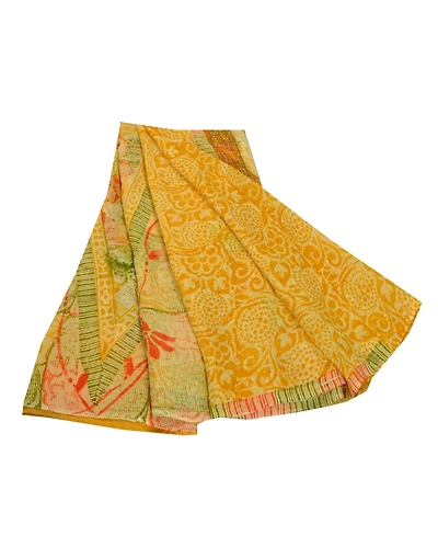 Sanskriti Vintage Indian Sari Yellow Printed Blend Georgette Sarees Craft Fabric, PRG-7065-Yellow-Printed Floral Design-Blend Georgette-7