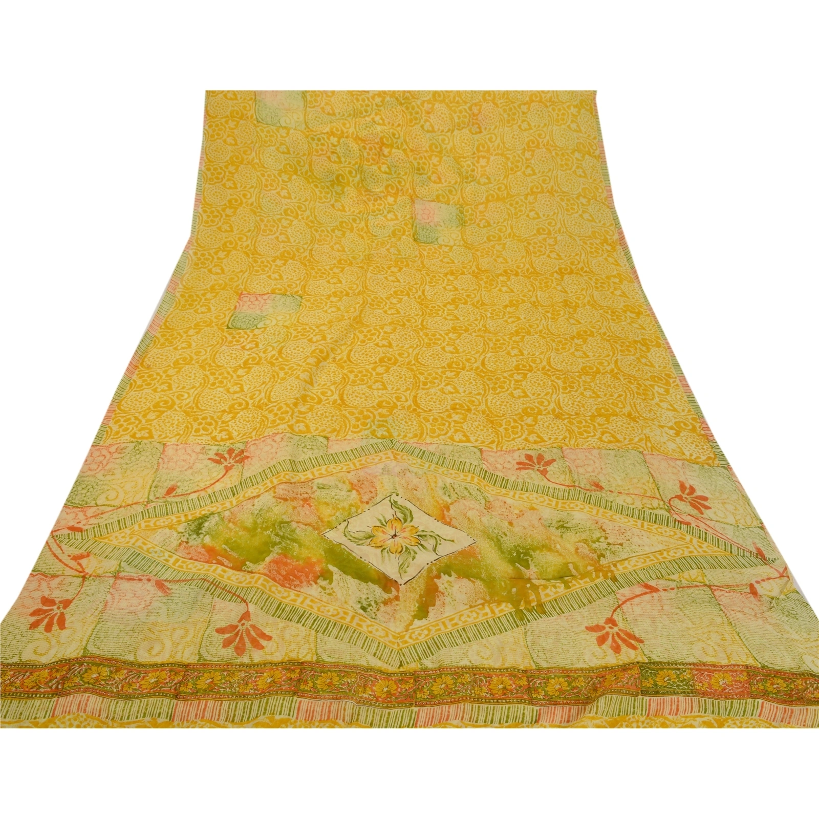 Sanskriti Vintage Indian Sari Yellow Printed Blend Georgette Sarees Craft Fabric, PRG-7065-Yellow-Printed Floral Design-Blend Georgette-8