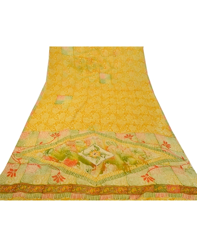 Sanskriti Vintage Indian Sari Yellow Printed Blend Georgette Sarees Craft Fabric, PRG-7065-Yellow-Printed Floral Design-Blend Georgette-8