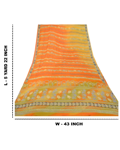 Sanskriti Vintage Orange Sarees Pure Chiffon Silk Printed Sari Craft Fabric, PRG-7109-Orange-Printed Floral Design-Pure Chiffon Silk-1