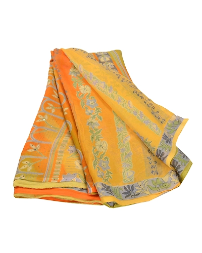 Sanskriti Vintage Orange Sarees Pure Chiffon Silk Printed Sari Craft Fabric, PRG-7109-Orange-Printed Floral Design-Pure Chiffon Silk-2
