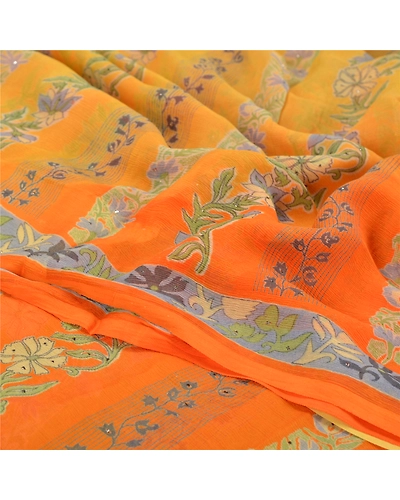 Sanskriti Vintage Orange Sarees Pure Chiffon Silk Printed Sari Craft Fabric, PRG-7109-Orange-Printed Floral Design-Pure Chiffon Silk-3