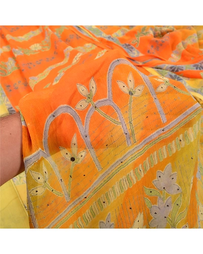 Sanskriti Vintage Orange Sarees Pure Chiffon Silk Printed Sari Craft Fabric, PRG-7109-Orange-Printed Floral Design-Pure Chiffon Silk-5