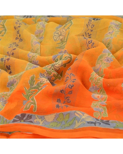 Sanskriti Vintage Orange Sarees Pure Chiffon Silk Printed Sari Craft Fabric, PRG-7109-Orange-Printed Floral Design-Pure Chiffon Silk-6