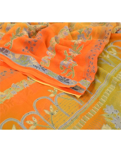 Sanskriti Vintage Orange Sarees Pure Chiffon Silk Printed Sari Craft Fabric, PRG-7109-Orange-Printed Floral Design-Pure Chiffon Silk-7