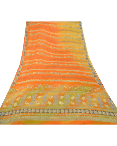 Sanskriti Vintage Orange Sarees Pure Chiffon Silk Printed Sari Craft Fabric, PRG-7109-Orange-Printed Floral Design-Pure Chiffon Silk-8
