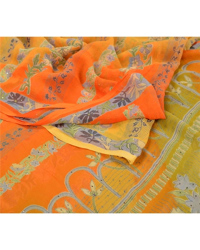 Sanskriti Vintage Orange Sarees Pure Chiffon Silk Printed Sari Craft Fabric, PRG-7109-Orange-Printed Floral Design-Pure Chiffon Silk-9