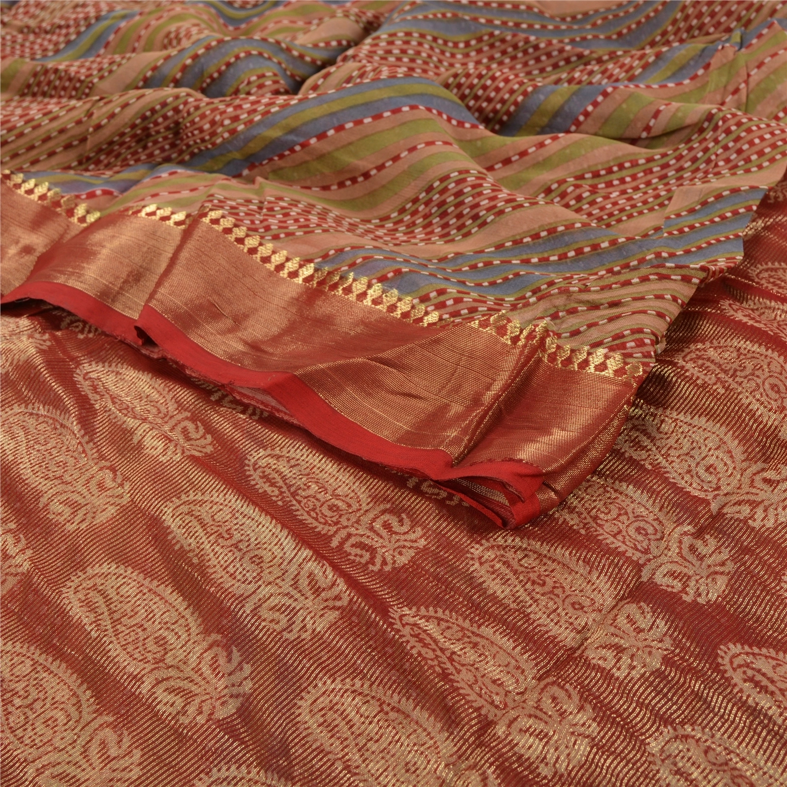 Sanskriti Vintage Sari Leheria Printed Woven Blend Georgette Sarees Craft Fabric, PRG-7120-Dark Red-Printed Floral Design-Blend Georgette-1