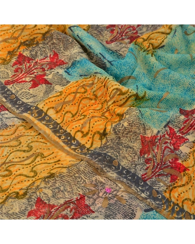 Sanskriti Vintage Indian Sari Yellow Printed Blend Georgette Sarees Craft Fabric, PRG-7142-Yellow-Printed Floral Design-Blend Georgette-1