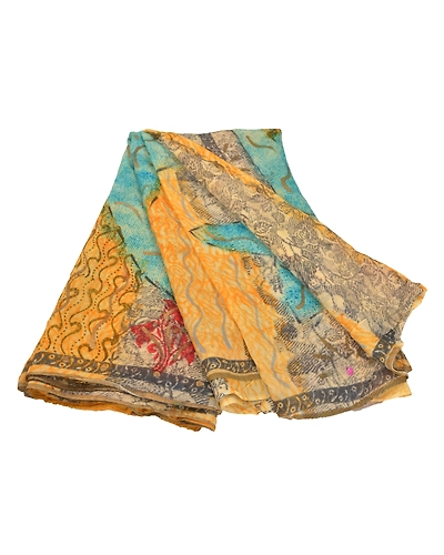 Sanskriti Vintage Indian Sari Yellow Printed Blend Georgette Sarees Craft Fabric, PRG-7142-Yellow-Printed Floral Design-Blend Georgette-2