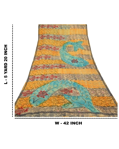 Sanskriti Vintage Indian Sari Yellow Printed Blend Georgette Sarees Craft Fabric, PRG-7142-Yellow-Printed Floral Design-Blend Georgette-3