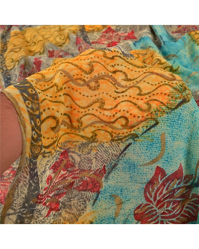 Sanskriti Vintage Indian Sari Yellow Printed Blend Georgette Sarees Craft Fabric, PRG-7142-Yellow-Printed Floral Design-Blend Georgette-6