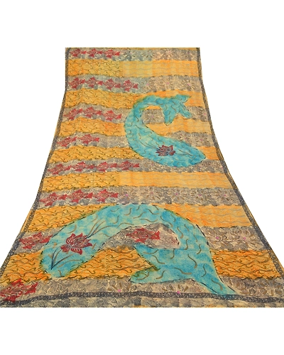 Sanskriti Vintage Indian Sari Yellow Printed Blend Georgette Sarees Craft Fabric, PRG-7142-Yellow-Printed Floral Design-Blend Georgette-8
