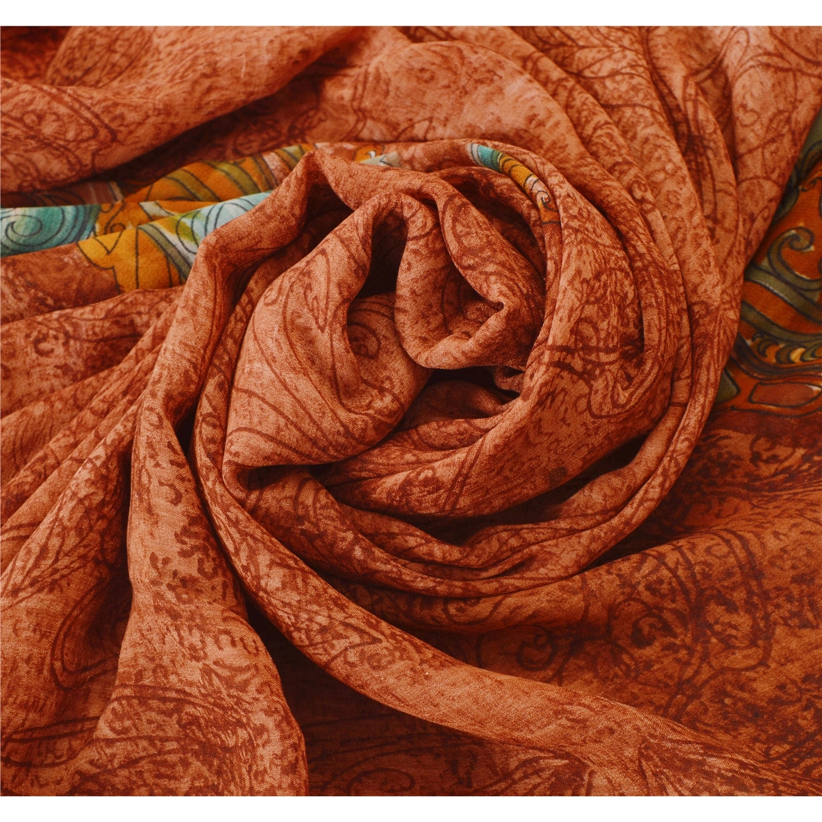 Sanskriti Vintage Orange Sarees Pure Georgette Silk Printed Sari Craft Fabric, PRG-717-Brown-Printed Work With Floral &amp; Paisley Design-Pure Georgette Silk-5