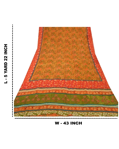 Sanskriti Vintage Green Sarees Pure Georgette Silk Printed Sari Craft Fabric, PRG-7184-Green-Printed Floral Design-Pure Georgette Silk-3