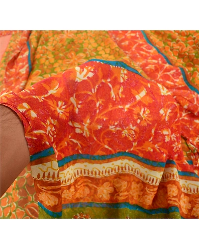 Sanskriti Vintage Green Sarees Pure Georgette Silk Printed Sari Craft Fabric, PRG-7184-Green-Printed Floral Design-Pure Georgette Silk-4