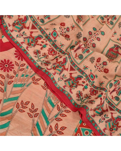 Sanskriti Vintage Indian Sari Peach Printed Blend Georgette Sarees Craft Fabric, PRG-7254-Shade Of Peach-Printed Floral Design-Blend Georgette-1