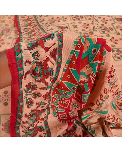 Sanskriti Vintage Indian Sari Peach Printed Blend Georgette Sarees Craft Fabric, PRG-7254-Shade Of Peach-Printed Floral Design-Blend Georgette-4