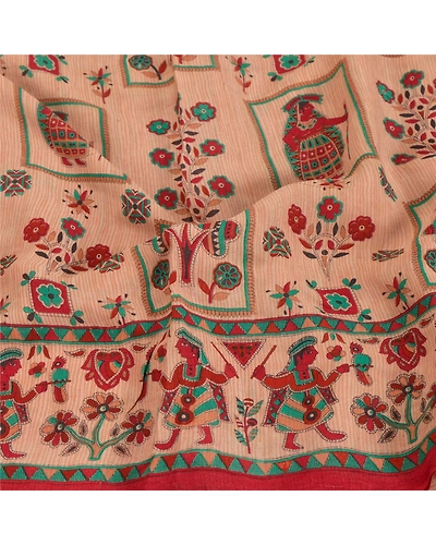Sanskriti Vintage Indian Sari Peach Printed Blend Georgette Sarees Craft Fabric, PRG-7254-Shade Of Peach-Printed Floral Design-Blend Georgette-6